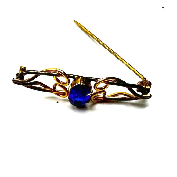 Edwardian Gold-Filled Blue Glass Brooch—Emerald Cut Shaped Faceted Glass – GUC - Picture 4 of 9